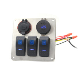 RVS 316L Schakelpaneel, 3 voudig, Sigaretten Aansteker, Dubbele USB Aansluiting met voltmeter, 12-24V, Blauwe LED, IP65